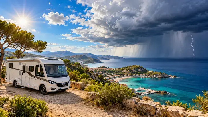 Wohnmobil an der europäischen Mittelmeerküste mit Sonnenschein und aufziehendem Gewitter über dem Meer.
